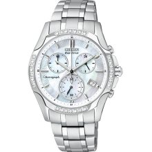 Citizen Ladies Eco-Drive Stainless Steel Case and Bracelet Mother of Pearl Dial Chronograph Diamond Accented Bezel FB1250-52D