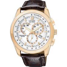 Citizen Mens Eco-Drive Chronograph Stainless Watch - Brown Leather Strap - White Dial - AT1183-07A