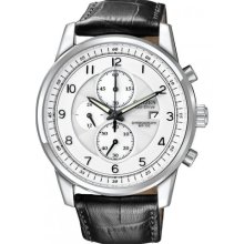 Citizen Mens Eco Drive Leather Strap White Dial Chronograph Watch