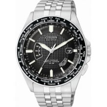 Citizen Mens Eco-Drive Perpetual World Time A-T Stainless Watch - Silver Bracelet - Black Dial - CB0020-50E