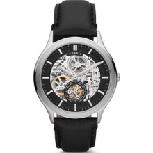 Fossil Mens Ansel Analog Stainless Watch - Black Leather Strap - Skeleton Dial - ME3020