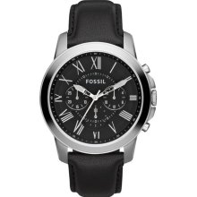 Fossil Mens Grant Chronograph Stainless Watch - Black Leather Strap - Black Dial - FS4812