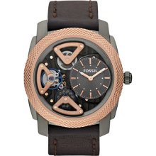 Fossil Mens Mechanical Twist Analog Stainless Watch - Brown Leather Strap - Skeleton Dial - ME1122