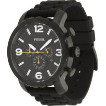 Fossil Men's Nate Chronograph Black Stainless Steel Case Black Tone Dial Rubber Strap Date Display JR1425