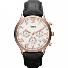 Fossil Men's Stainless Steel Rose Gold Tone Case Leather Strap White Dial Chronograph Roman Numerals FS4744