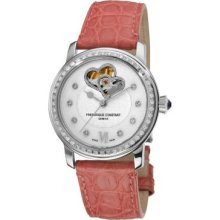 Frederique Constant Women's Swiss Automatic Skeletonized Heart Diamond Pink Leather Strap Watch