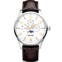 Golana Classic Moon Phase Men's Quartz Watch With Silver Dial Analogue Display And Brown Leather Strap Cl200-3