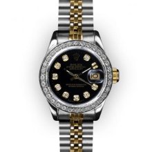 Ladies Two Tone Black Dial Beadset Bezel Rolex Datejust (539)