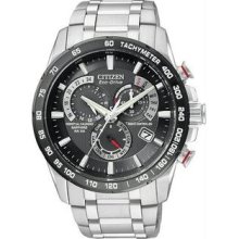 Men's Atomic Stainless Steel Black Dial Eco-Drive Chronograph