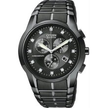 Men's Black Stainless Steel Eco-Drive Chronograph Black Dial Diamonds