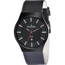 Men's Ceramic Case Leather Bracelet Quartz Black