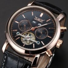Mens Luxury Rose Gold Case Automatic Mechanical Tourbillion Date Leather Watch