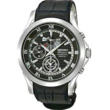 Men's Premier Stainless Steel Alarm Chronograph Black Dial Strap