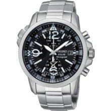 Men's Solar Stainless Steel Case and Bracelet Chronograph Black Dial D