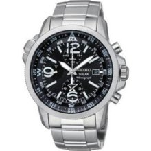 Men's Solar Stainless Steel Case and Bracelet Chronograph Black Dial