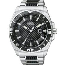 Men's Stainless Steel Black Carbon Fiber Dial Eco-Drive