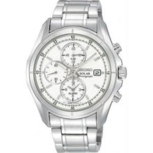 Men's Stainless Steel Solar Quartz Alarm Chronograph Silver Tone