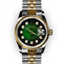 Men's Two Tone Green Vignette Dial Fluted Bezel Rolex Datejust (1286)