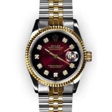 Men's Two Tone Red Vignette Dial Fluted Bezel Rolex Datejust (1285)