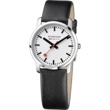 Mondaine Ladies Watch A672.30351.11Sbb With White Round Dial And A Black Leather Strap