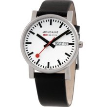 Mondaine Mens SBB Official Railways Watch Evo 38 Basic GTS Stainless Watch - Black Leather Strap - White Dial - A667.30344.11SBB