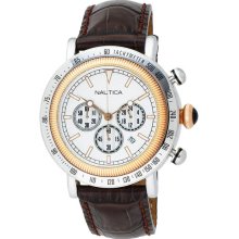 Nautica Men's Chronograph Stainless Steel Case Leather Bracelet Silver Tone Dial N15006G