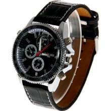 new mens Bolun 2393 dress watch w/ black face chrome numbers and leather band