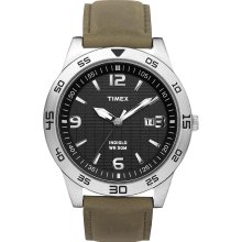 New TIMEX Mens Black Analog Round Steel Watch Indiglo Green Leather Strap Quartz