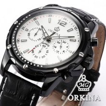 Orkina Mens Fashion White Dial 24 Hours Leather Men Sport Quartz Watch Gift Usts