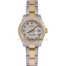 Rolex Ladys New Style Heavy Band Stainless Steel & 18K Gold Datejust Model 179173 Oyster Band Ivory Pyramid Roman Dial & Custom Added Diamond Bezel