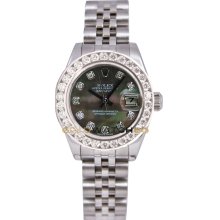 Rolex Ladys New Style Heavy Band Stainless Steel Datejust Model 179174 Jubilee Band Custom Added Tehetian Mother Of Pearl Diamond Dial & 2Ct Diamond Bezel