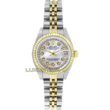 Rolex Ladys Watch Ss & Gold Datejust 6917 Mop String Diamond Dial 18k Gold Bezel