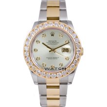 Rolex Mens New Style Heavy Band Stainless Steel & 18K Gold Datejust Model 116233 Oyster Band Custom Added Silver Diamond Dial & 3.5Ct Diamond Bezel