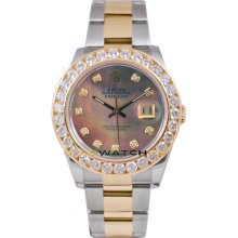 Rolex Mens New Style Heavy Band Stainless Steel & 18K Gold Datejust Model 116233 Oyster Band Custom Added Tehetian Mother Of Pearl Diamond Dial & 3.5Ct Diamond Bezel