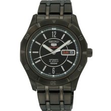 Seiko Men's Black Stainless Steel Case and Bracelet Automatic Black Dial Day Date Display SRP299