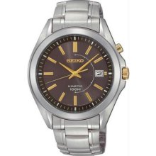 Seiko Mens Stainless Steel Kinetic Gray Dial Date Display Gold Hour Markers