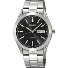 Seiko Solar Mens Black Day/Date Dial Stainless Steel Watch SNE039