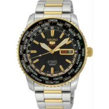 Seiko SRP130 Mens Two Tone Stainless Steel Automatic Black Dial World Time Bezel