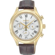 Seiko Ssb022 Men's Watch Gold Quartz Chronograph White Dial Brown Leather Strap