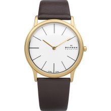 Skagen Mens Slim Analog Stainless Watch - Brown Leather Strap - White Dial - 858XLGLD
