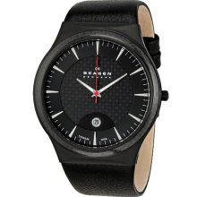 Skagen Men's Titanium Case Leather Strap Quartz Black Dial Date Display 234XXLTLB