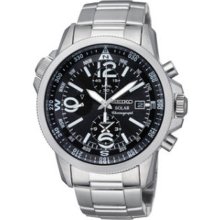 Solar Stainless Steel Case And Bracelet Chronograph Black Dial Date Di