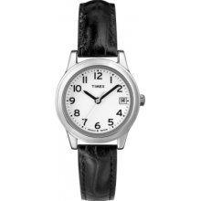 T2N298 Timex Ladies Classic White Dial Black Leather Strap Watch