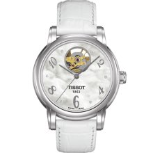 Tissot Lady Heart Auto White 35mm Watch - Mother of Pearl Dial, White Leather Strap T0502071611600 Sale Authentic