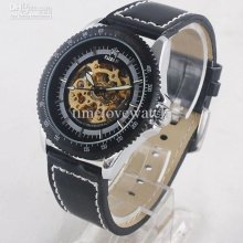 1 Piece Fashion Black Dial Rim White Index Mechanical Wristwatch Lea