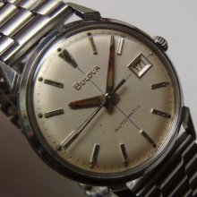 1968 Bulova Men's Swiss Automatic 17Jwl Silver Calendar Quadrant Dial Watch