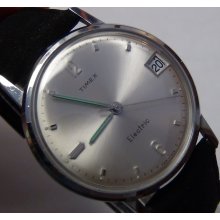 1970' Timex Mens Electric Back Set Silver Made in France Calendar Watch w/ Strap