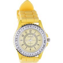 1pc Yellow Lady Man Analog Casual Crystal Silicone Jelly Rubber Wrist Watch