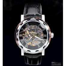 1pcs Luxury Men' Leather Band Steel Stainless Case Manual Mechanical