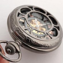 5pcs Black Flower Skeleton Mens Mechanical Pocket Watches Men Weddin